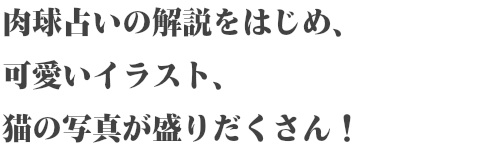 肉球占いの解説をはじめ、 可愛いイラスト、 猫の写真が盛りだくさん！